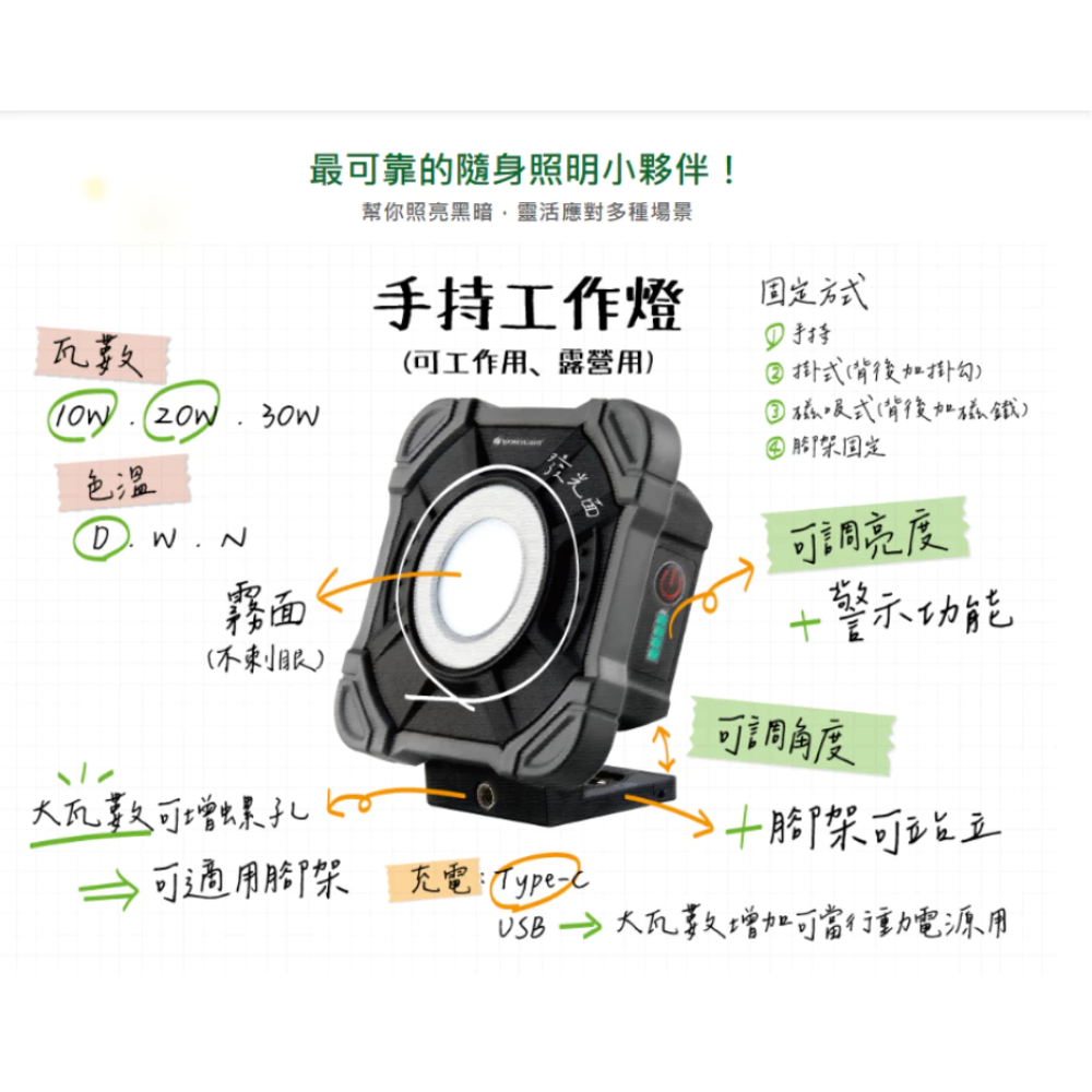 舞光 手持 10W 20W 工作燈 Type-C 充電 防水 手電筒-細節圖6