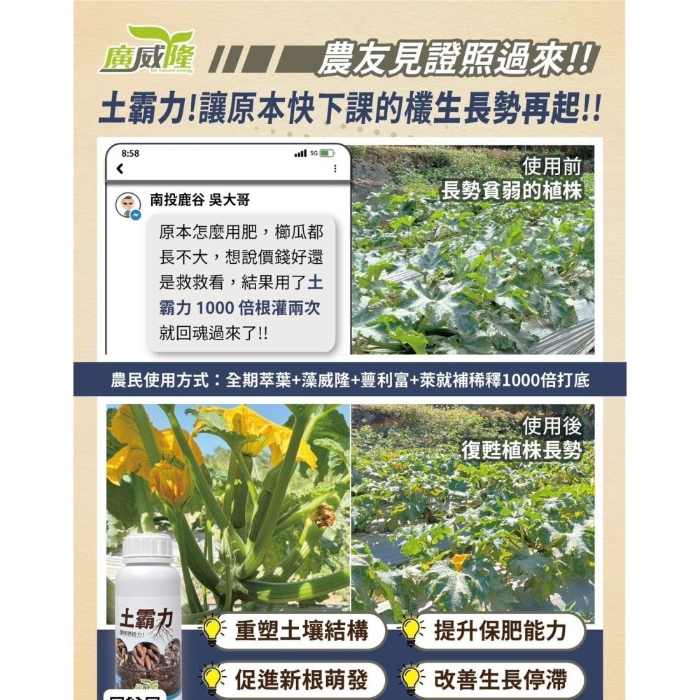 【約翰南農】土霸力500ml 廣威隆 打破高低溫逆境障礙 植物生長遲緩專用 暴力開根專用 暴力增產增重專用 作物回魂專用-細節圖6