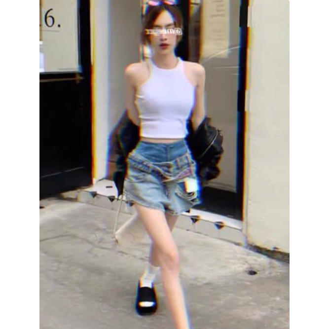 2025新款辣妹潮牌高腰假兩件拼接破洞牛仔寬褲-細節圖3