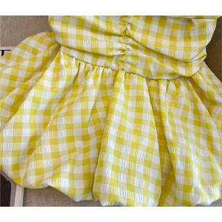 多巴胺黃色格子抹胸背心/女夏法式甜美裹胸收腰度假風花苞裙擺上衣-細節圖2