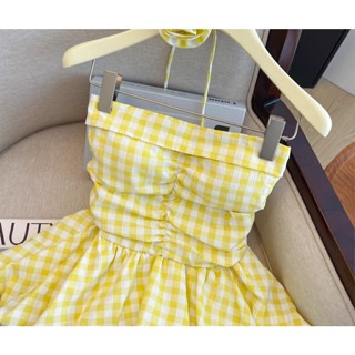 多巴胺黃色格子抹胸背心/女夏法式甜美裹胸收腰度假風花苞裙擺上衣-細節圖3
