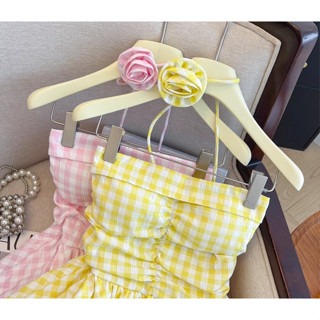 多巴胺黃色格子抹胸背心/女夏法式甜美裹胸收腰度假風花苞裙擺上衣-細節圖6