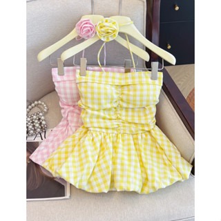多巴胺黃色格子抹胸背心/女夏法式甜美裹胸收腰度假風花苞裙擺上衣-細節圖7