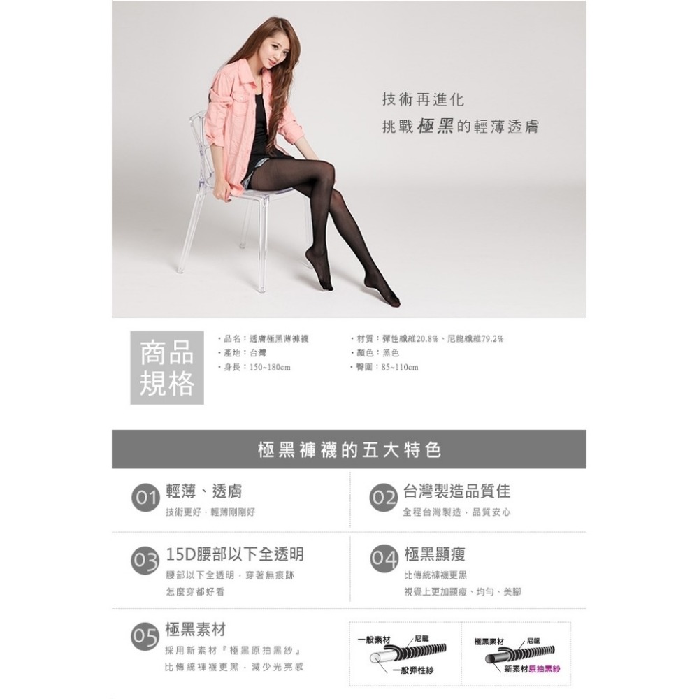 【蛋黃襪舖】儂儂/non-no/nonno/15D/極黑/絲襪/輕薄/顯瘦/服貼/全透明/無痕/無反光/台灣製/7561-細節圖3
