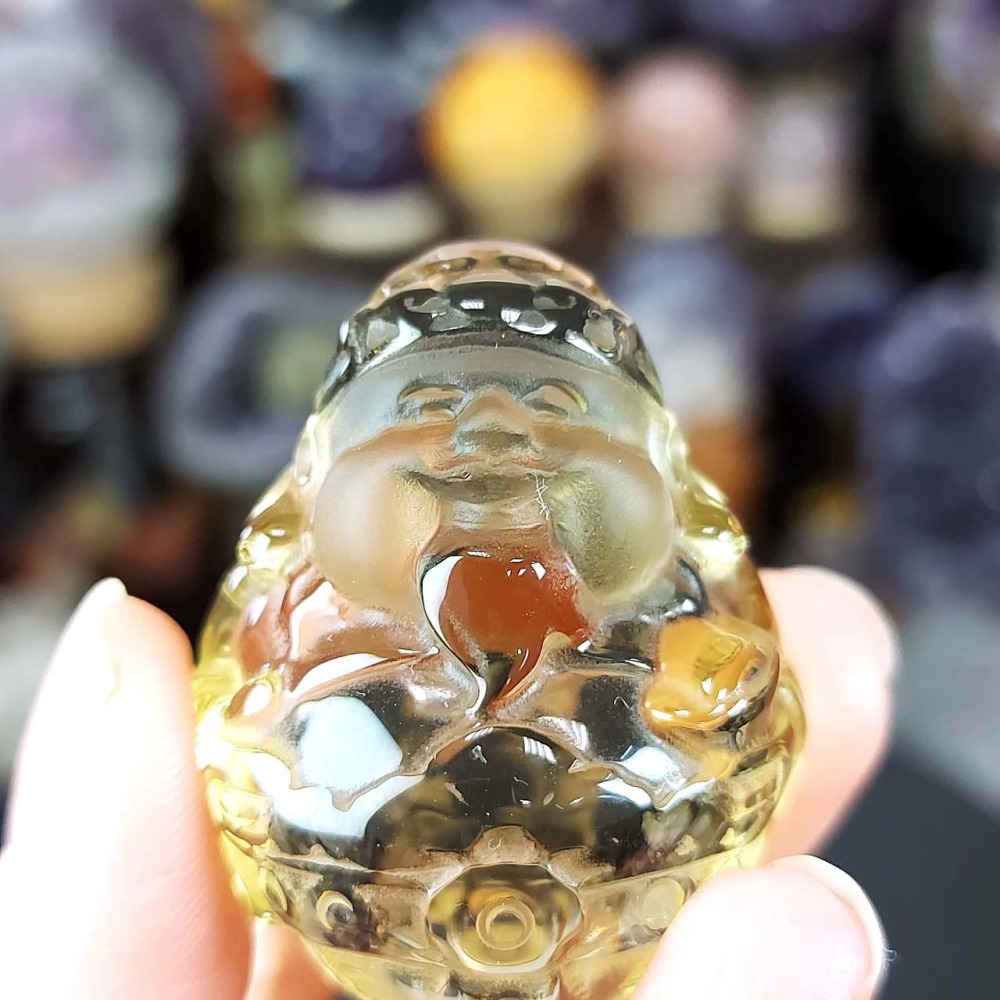黃水晶 Q版 胖財神 胖老爹 雕件 擺件*一圖一物*招財 聚財 提升財運 桌上療癒擺件-細節圖6