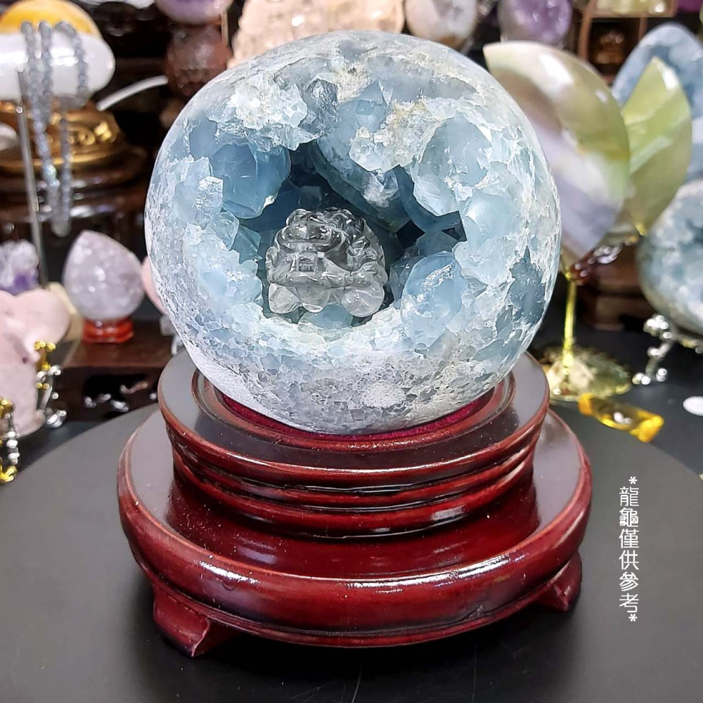 沁藍色 天青石球11.3公分 開口笑 有窩 有平台(附旋轉木座)*改善不良磁場 提升好心情 提升表達能力 送禮自用兩相宜-細節圖3