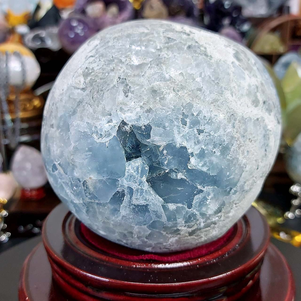 沁藍色 天青石球11.3公分 開口笑 有窩 有平台(附旋轉木座)*改善不良磁場 提升好心情 提升表達能力 送禮自用兩相宜-細節圖7