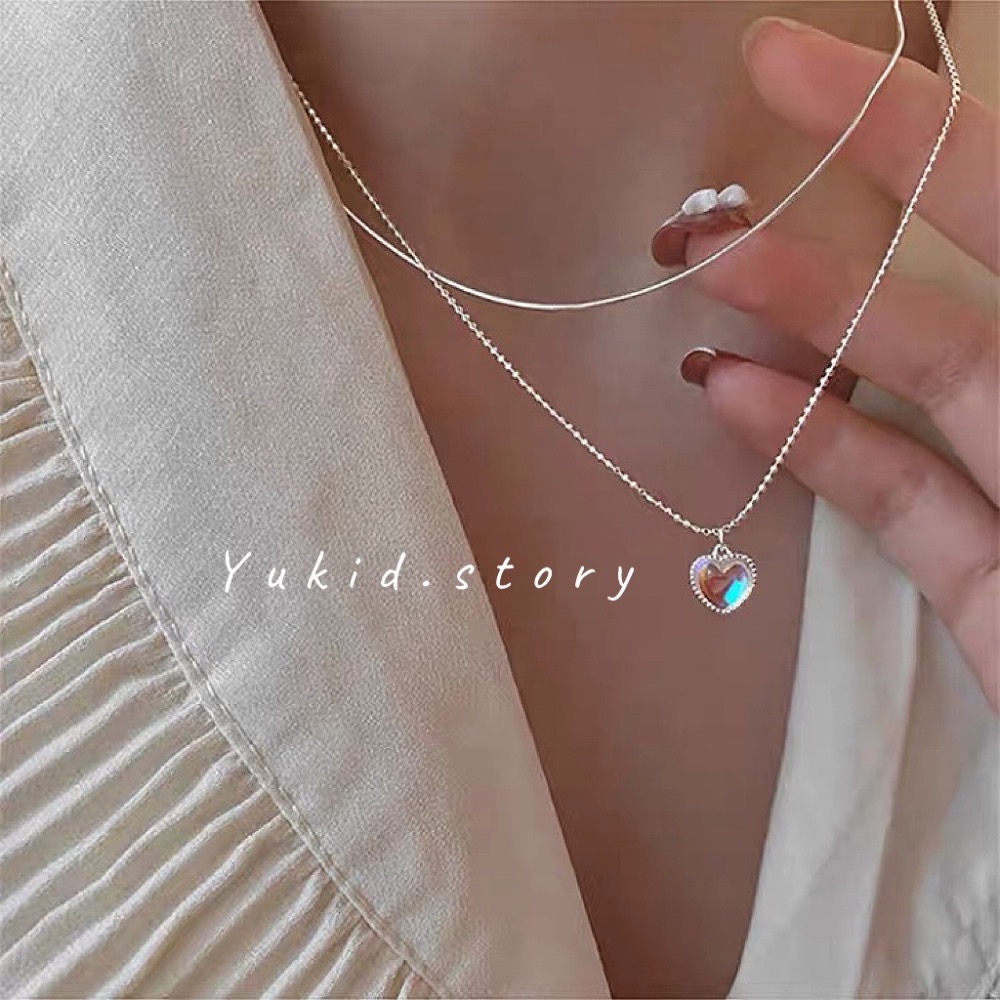 S925銀 月光寶石愛心雙層項鏈-細節圖3