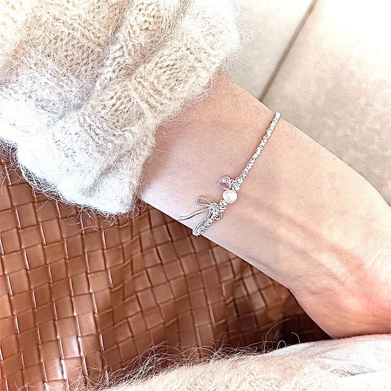 芭蕾風 S925銀 粉色鋯石蝴蝶結珍珠手鍊-細節圖2