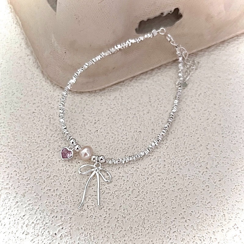 芭蕾風 S925銀 粉色鋯石蝴蝶結珍珠手鍊-細節圖3