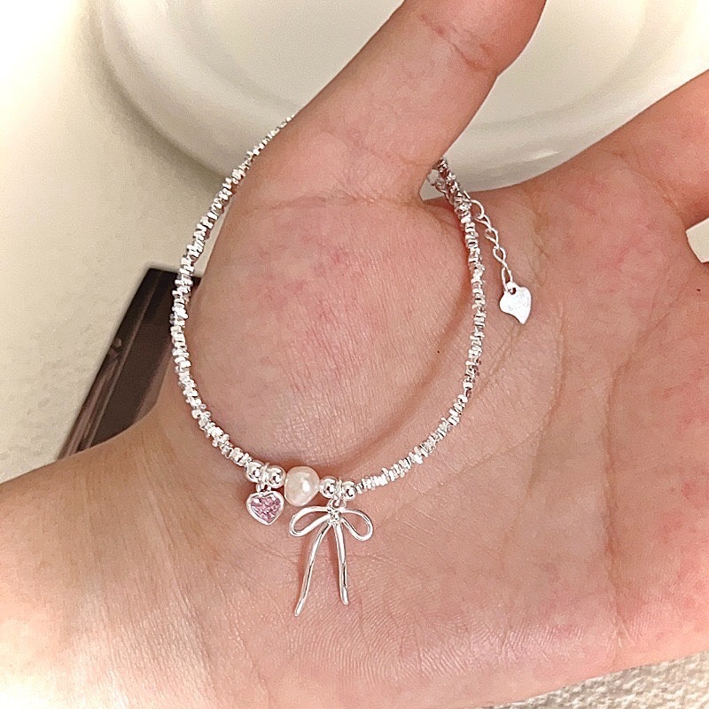 芭蕾風 S925銀 粉色鋯石蝴蝶結珍珠手鍊-細節圖5