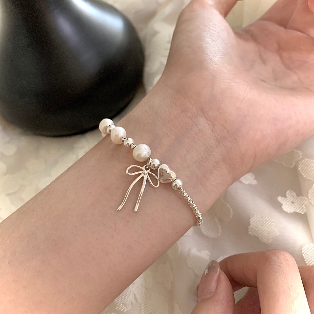 S925銀 珍珠 碎銀 蝴蝶結手鍊-細節圖2