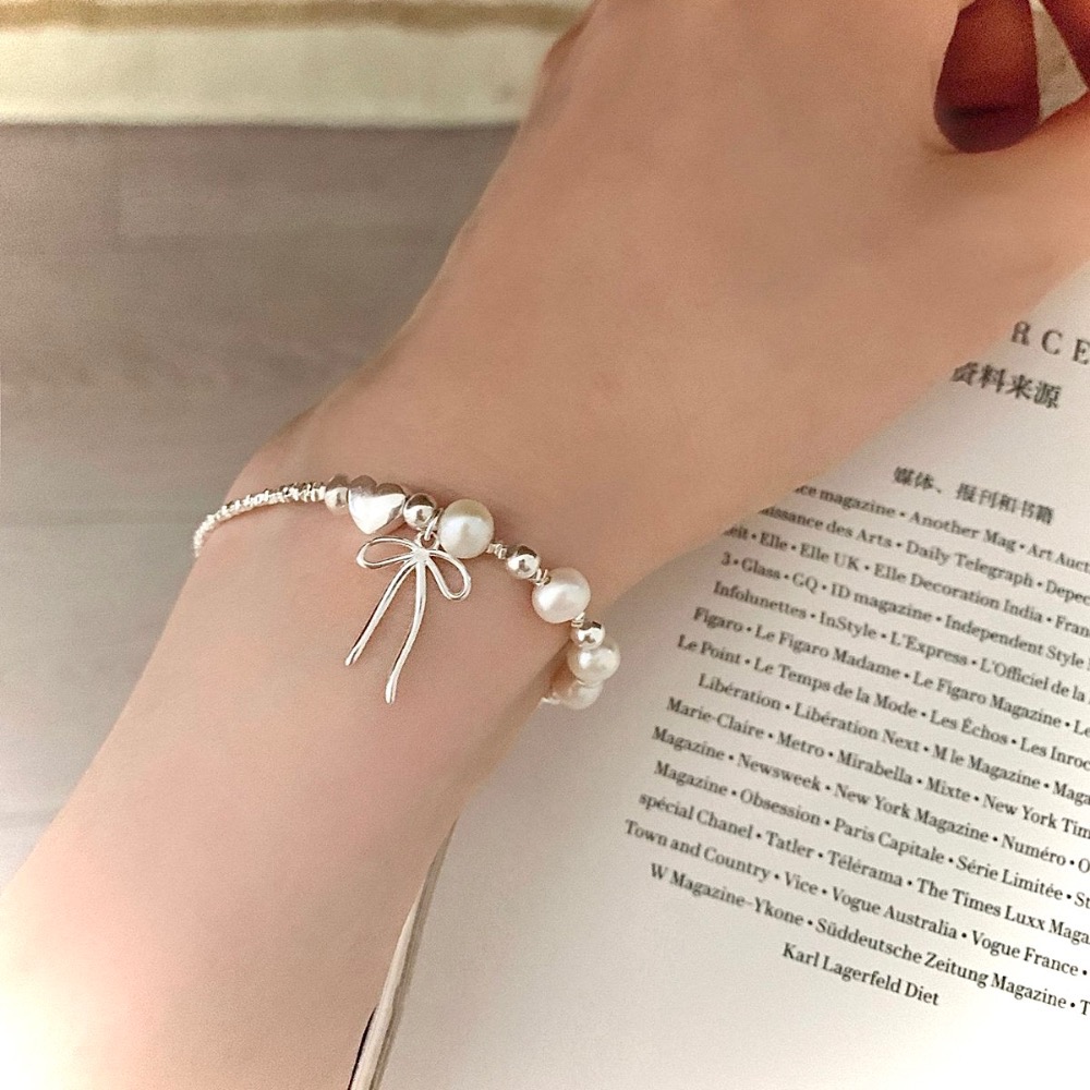 S925銀 珍珠 碎銀 蝴蝶結手鍊-細節圖3