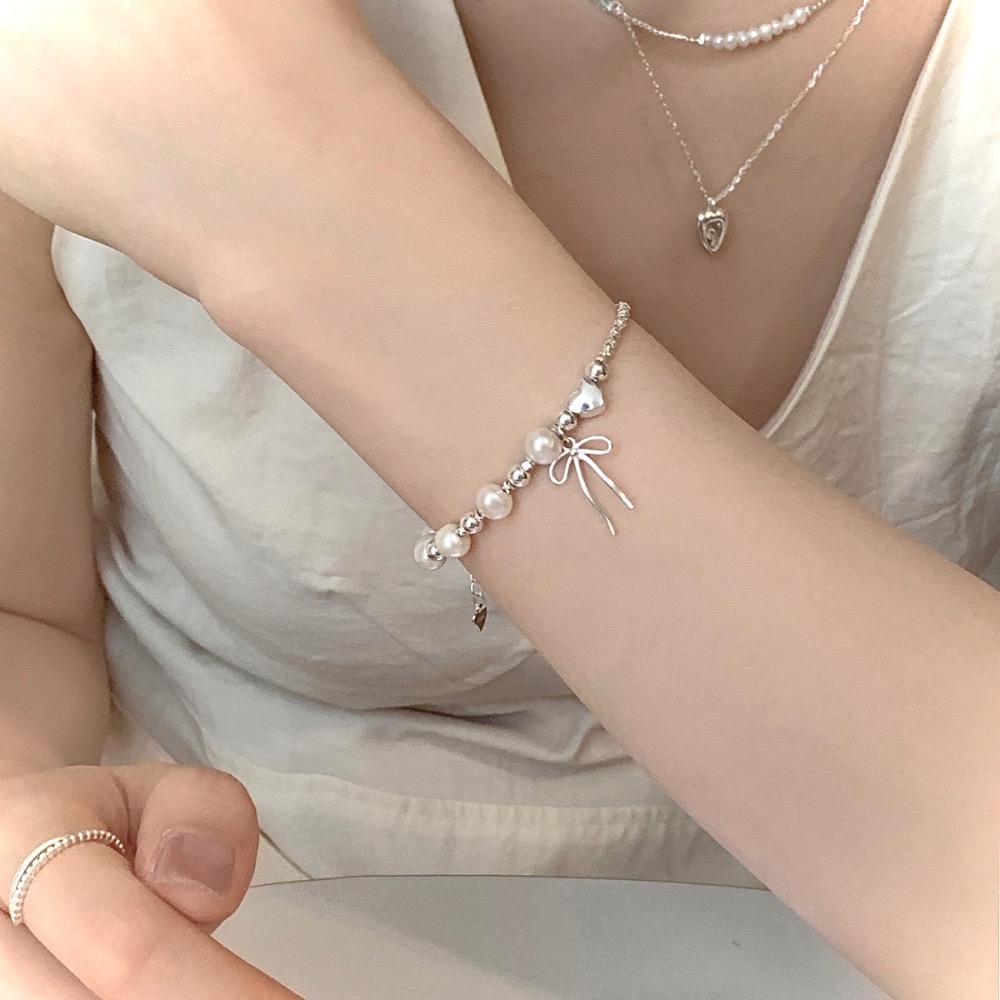 S925銀 珍珠 碎銀 蝴蝶結手鍊-細節圖4