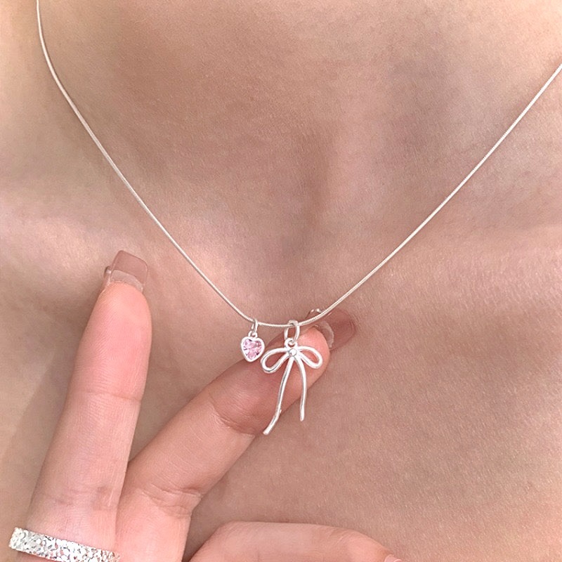 沫浪 S925銀 蝴蝶結愛心鋯石項鍊-細節圖2