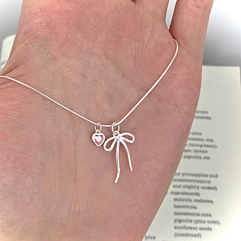 沫浪 S925銀 蝴蝶結愛心鋯石項鍊-細節圖3