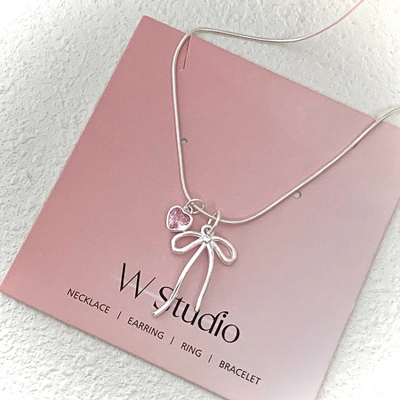 沫浪 S925銀 蝴蝶結愛心鋯石項鍊-細節圖4