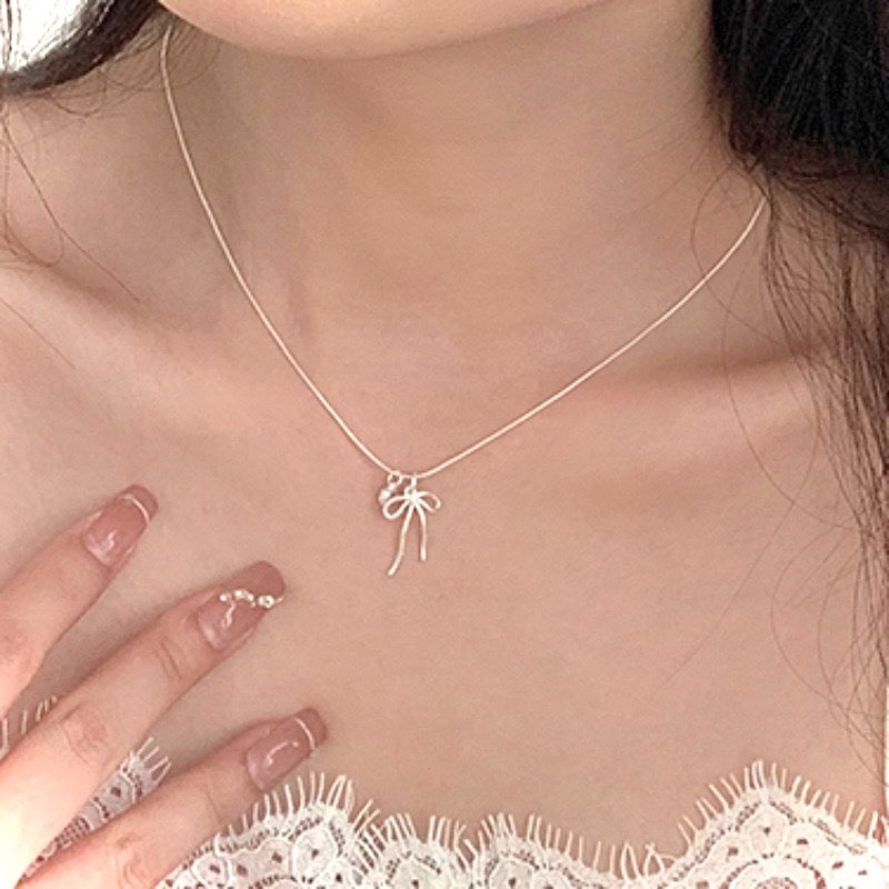 沫浪 S925銀 蝴蝶結愛心鋯石項鍊-細節圖5