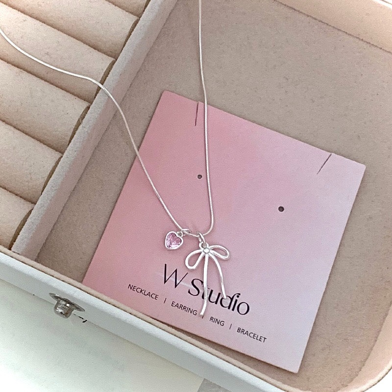 沫浪 S925銀 蝴蝶結愛心鋯石項鍊-細節圖6