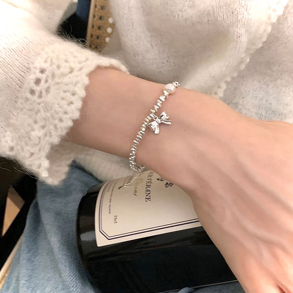 S925銀 碎銀珍珠蝴蝶結手鏈-細節圖2