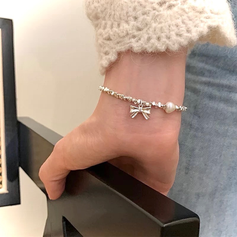 S925銀 碎銀珍珠蝴蝶結手鏈-細節圖3