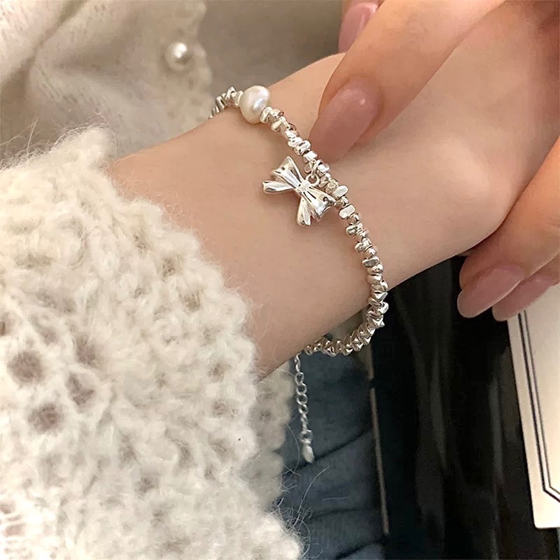 S925銀 碎銀珍珠蝴蝶結手鏈-細節圖4