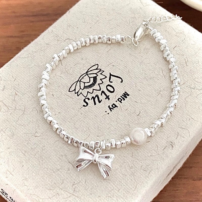 S925銀 碎銀珍珠蝴蝶結手鏈-細節圖5