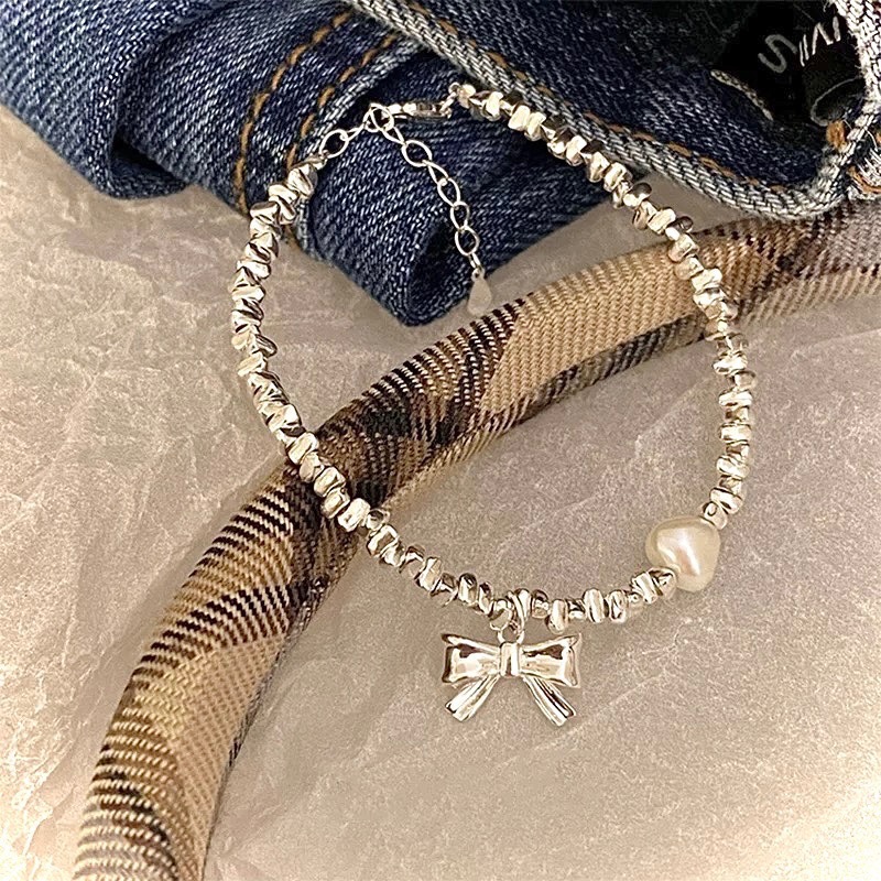 S925銀 碎銀珍珠蝴蝶結手鏈-細節圖7