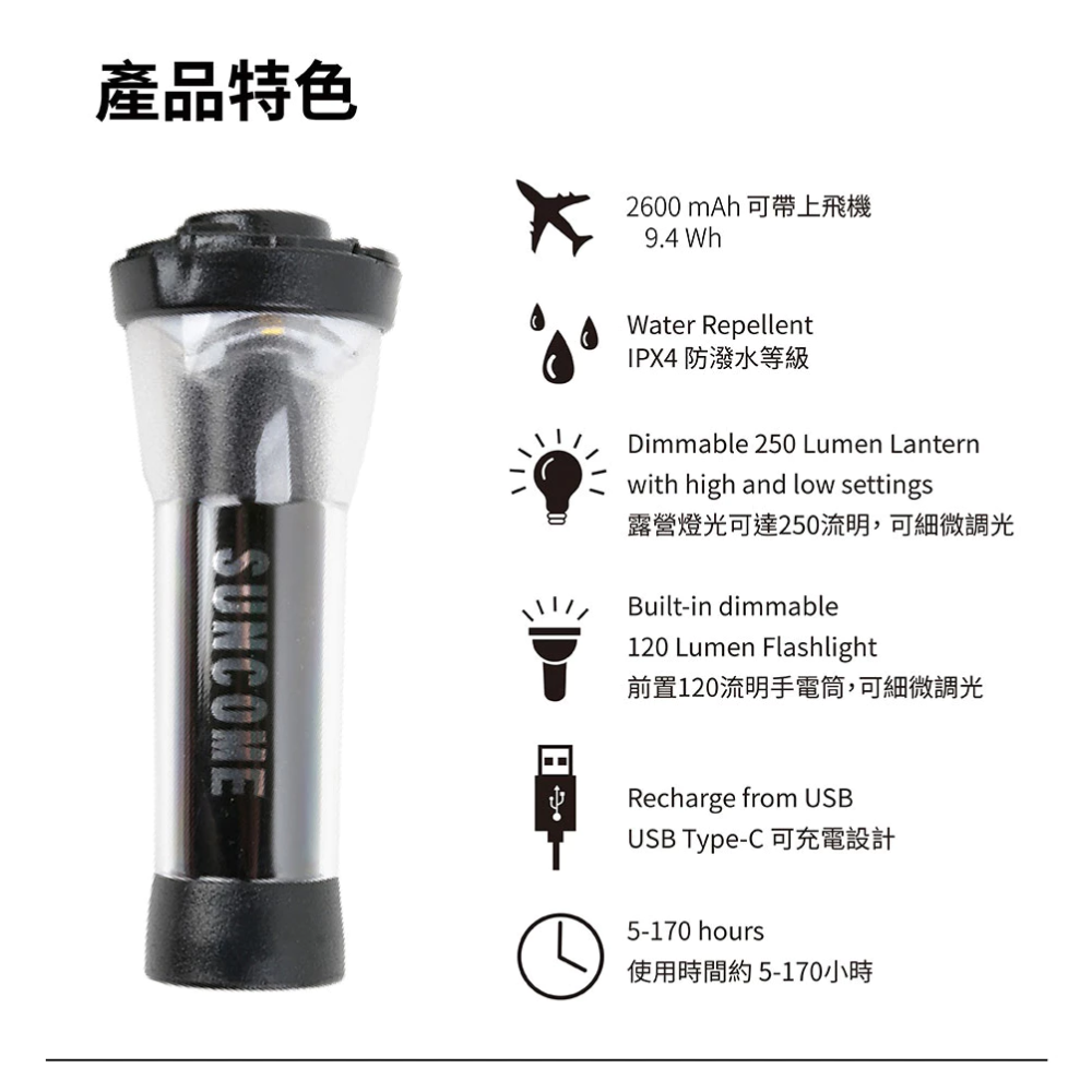 SUNCOME 大麥克 USB營燈手電筒250流明 LED燈 帳篷燈 掛燈 露營燈 氛圍燈 SCL02-細節圖5
