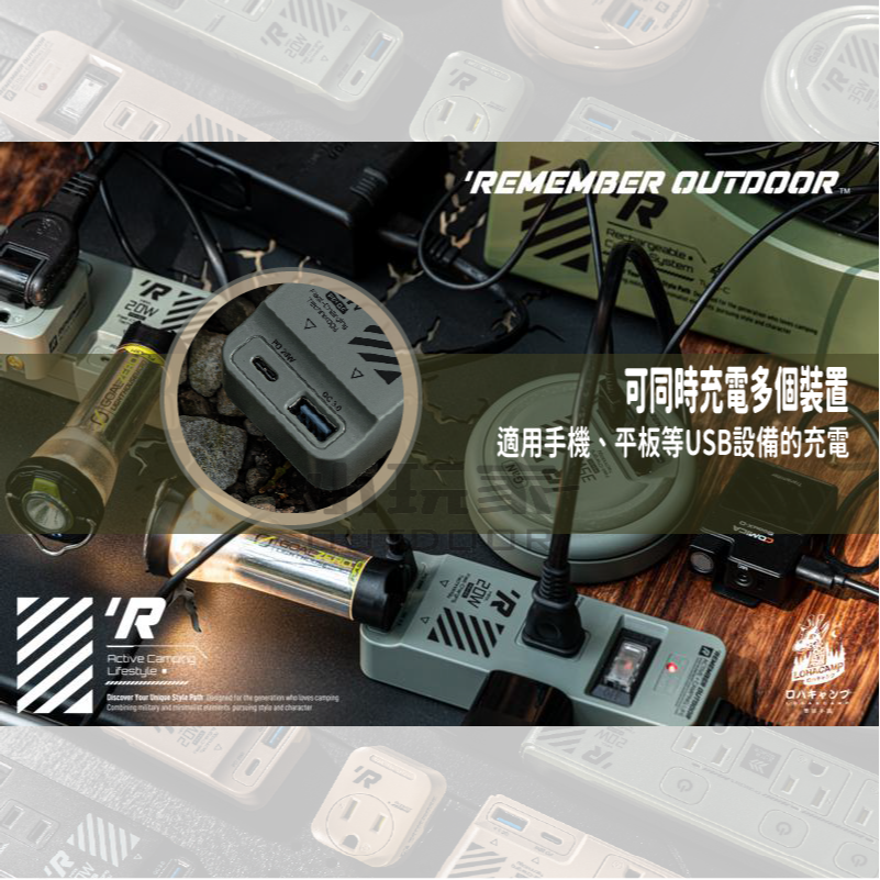 樂活不露 3口2PIN機甲風延長線 三座 兩孔 快充 延長線 1.8M USB 插座 露營 軍風-細節圖3