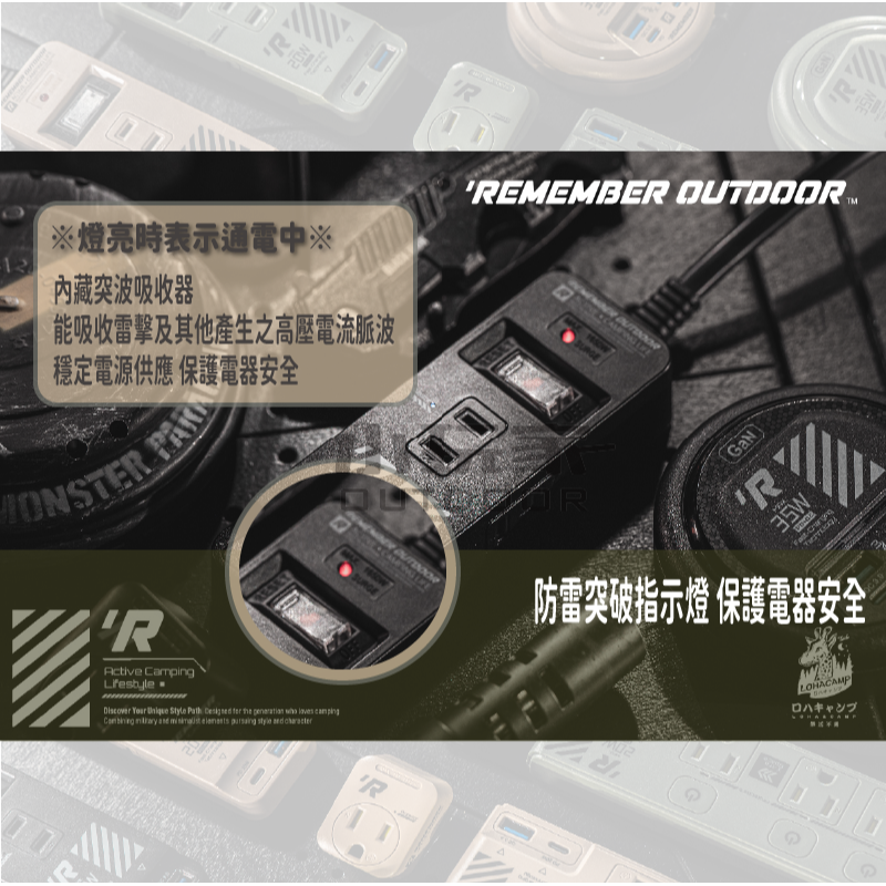 樂活不露 3口2PIN機甲風延長線 三座 兩孔 快充 延長線 1.8M USB 插座 露營 軍風-細節圖5