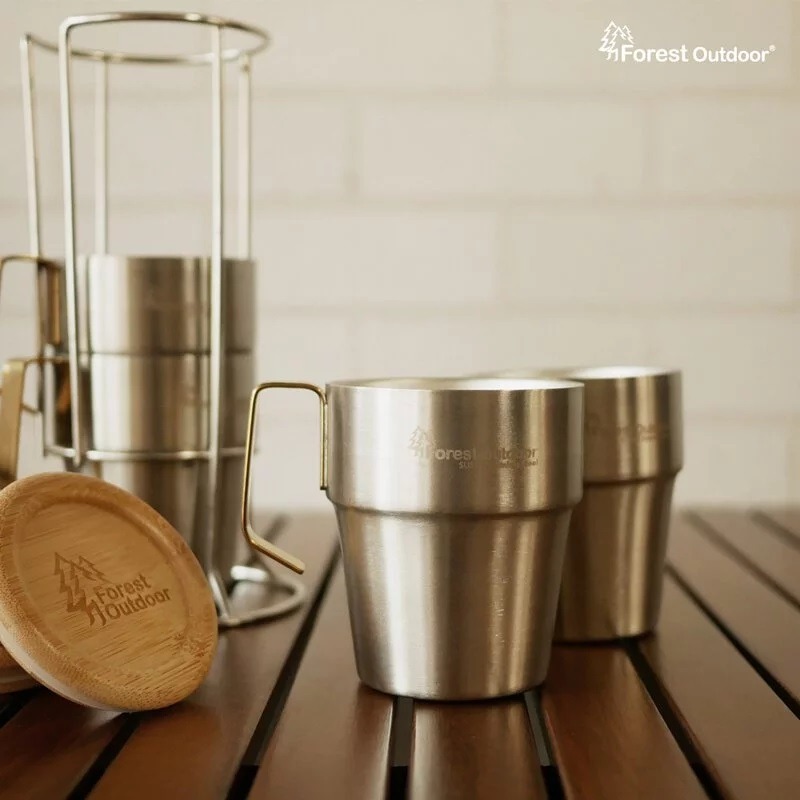 Forest Outdoor 304不鏽鋼套杯 升級不鏽鋼杯架 4入(含杯蓋) 斷熱杯 咖啡杯 套杯-細節圖5