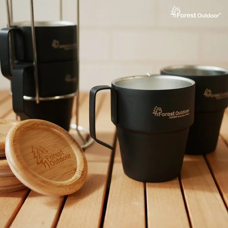Forest Outdoor 304不鏽鋼套杯 升級不鏽鋼杯架 4入(含杯蓋) 斷熱杯 咖啡杯 套杯-細節圖6