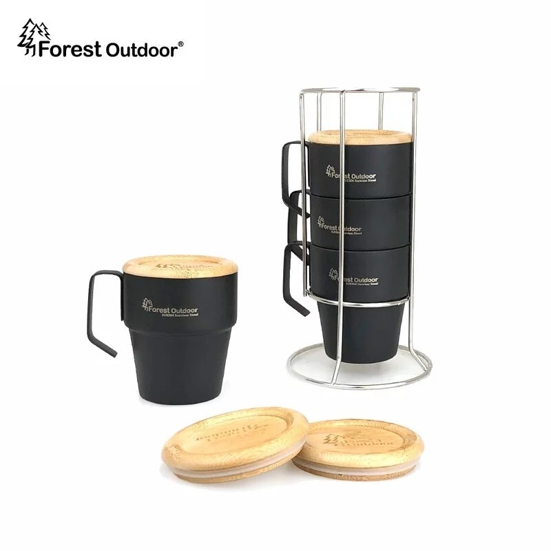 Forest Outdoor 304不鏽鋼套杯 升級不鏽鋼杯架 4入(含杯蓋) 斷熱杯 咖啡杯 套杯-規格圖6