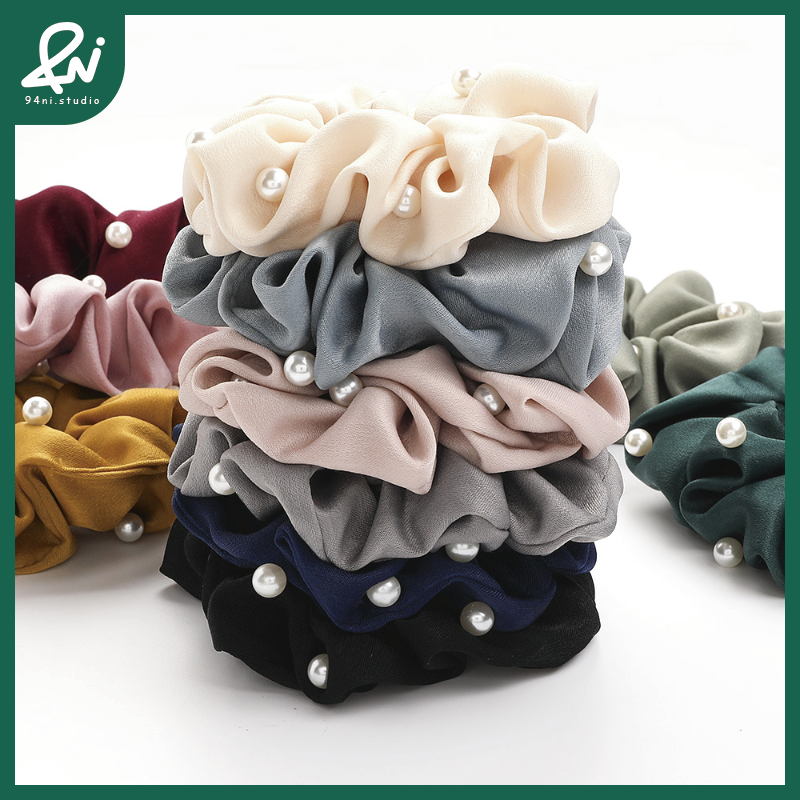 『台灣現貨』12cm韓版珍珠大腸髮圈｜氣質簡約髮飾｜馬尾必備布藝髮繩【94ni.studio】-細節圖3