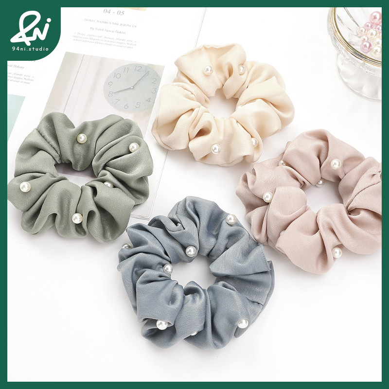 『台灣現貨』12cm韓版珍珠大腸髮圈｜氣質簡約髮飾｜馬尾必備布藝髮繩【94ni.studio】-細節圖5