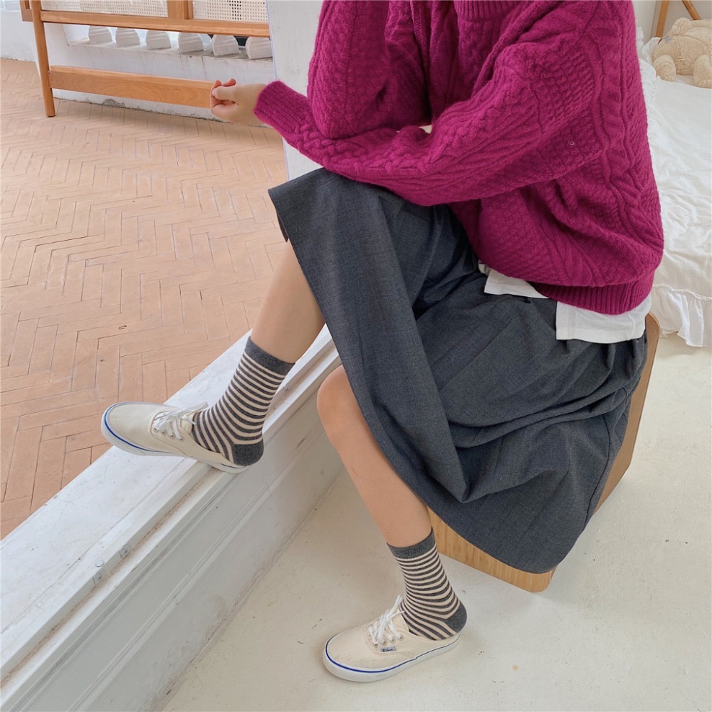 🔥24h出貨🔥條紋襪 女中筒襪 文青 百搭 女襪 棉襪 學生襪 舒適 好穿 中筒襪 極簡風 女棉襪 潮流襪-細節圖2