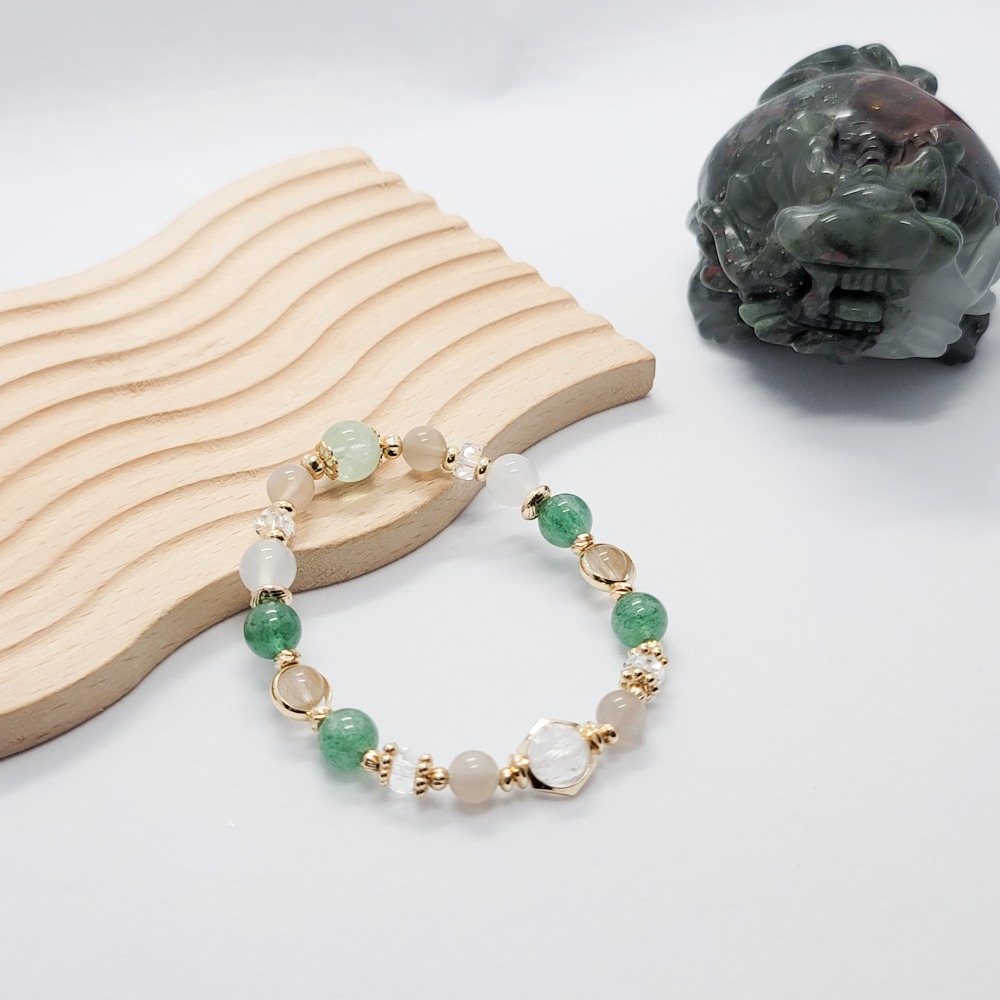 水晶手串｜白水晶 綠草莓晶 白玉髓 橙月光 羽毛螢石 黃兔毛-細節圖2