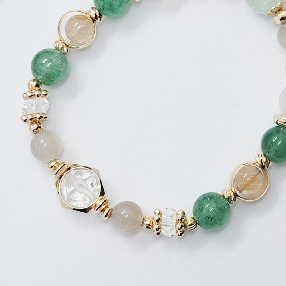 水晶手串｜白水晶 綠草莓晶 白玉髓 橙月光 羽毛螢石 黃兔毛-細節圖3