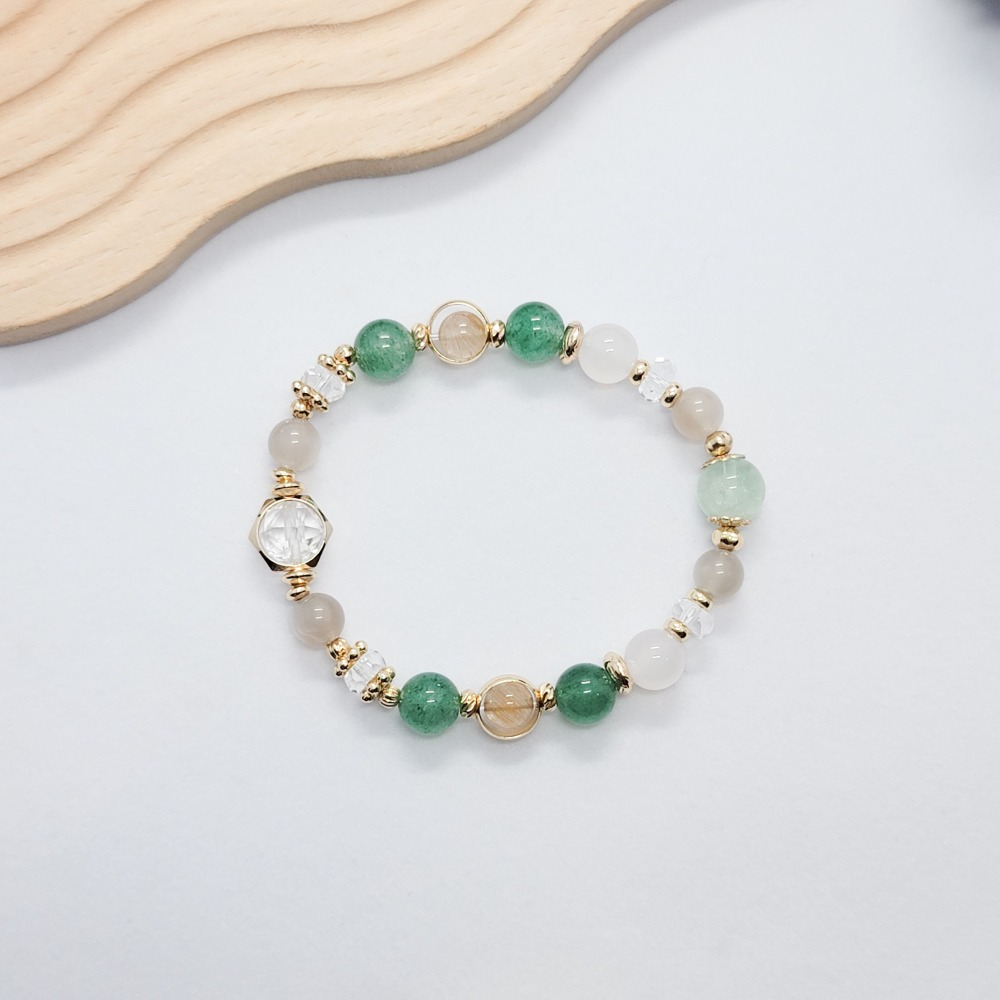 水晶手串｜白水晶 綠草莓晶 白玉髓 橙月光 羽毛螢石 黃兔毛-細節圖4