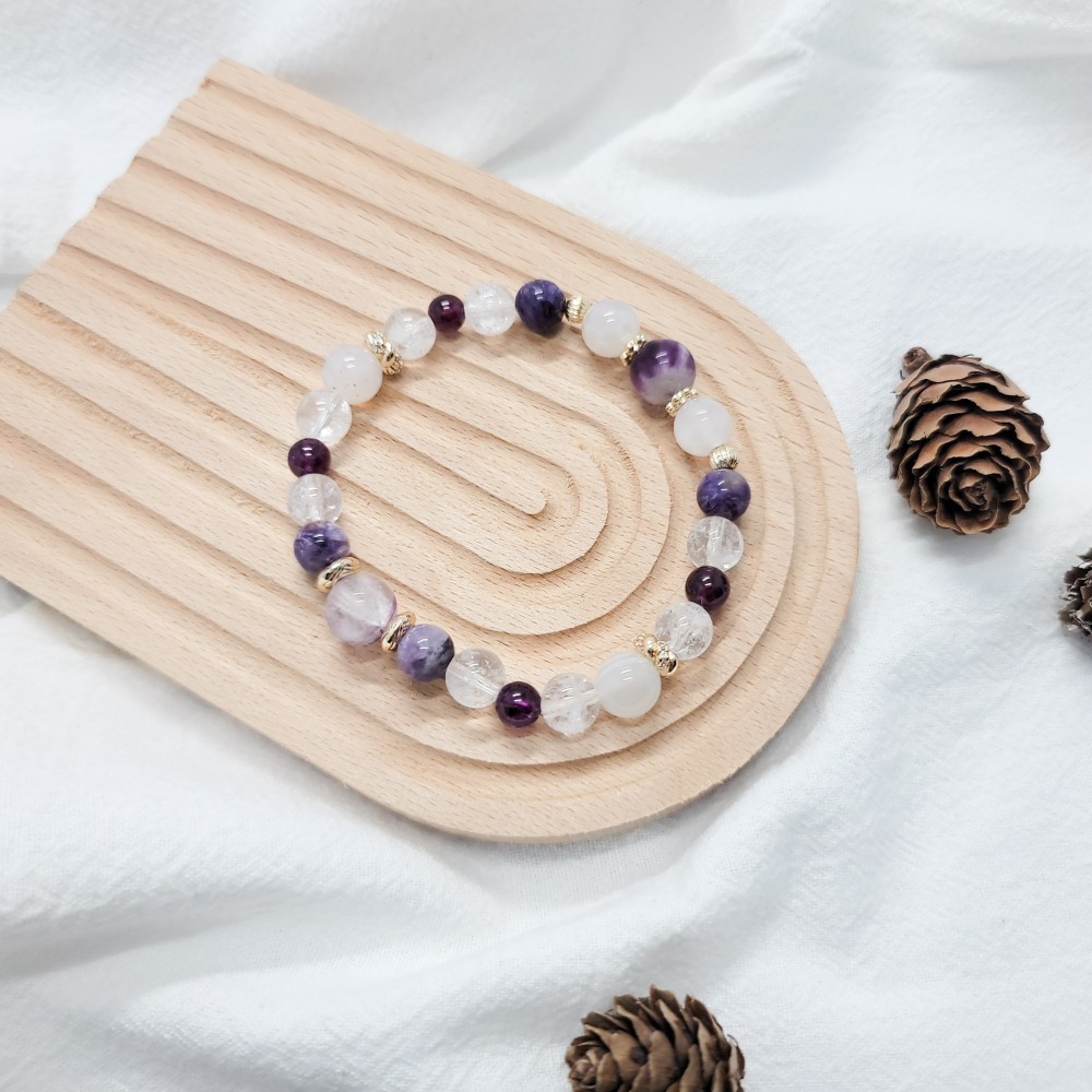水晶手串｜羽毛瑩石 紫龍晶 鹽源瑪瑙 白啊賽 紫牙烏-細節圖2