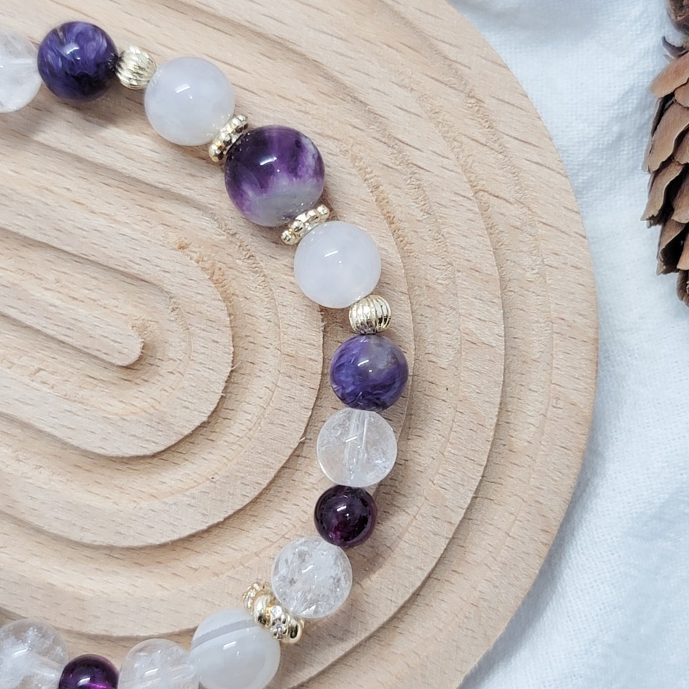 水晶手串｜羽毛瑩石 紫龍晶 鹽源瑪瑙 白啊賽 紫牙烏-細節圖3