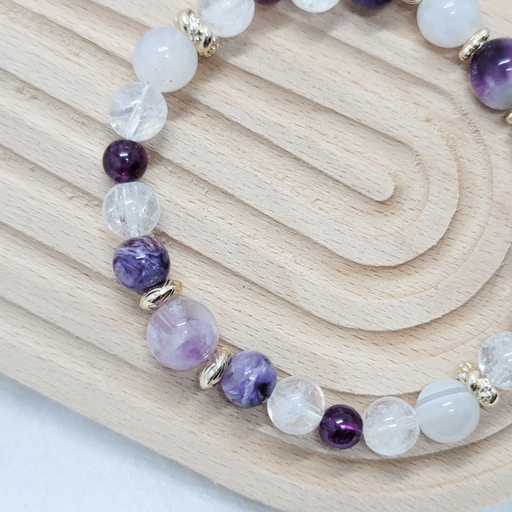 水晶手串｜羽毛瑩石 紫龍晶 鹽源瑪瑙 白啊賽 紫牙烏-細節圖4