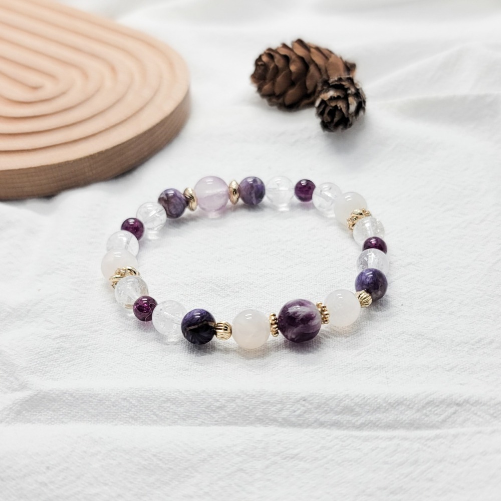 水晶手串｜羽毛瑩石 紫龍晶 鹽源瑪瑙 白啊賽 紫牙烏-細節圖5