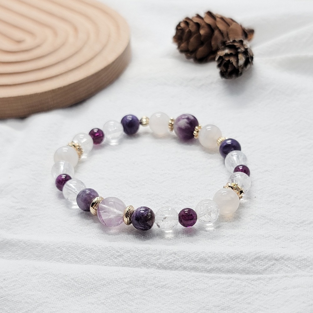 水晶手串｜羽毛瑩石 紫龍晶 鹽源瑪瑙 白啊賽 紫牙烏-細節圖6
