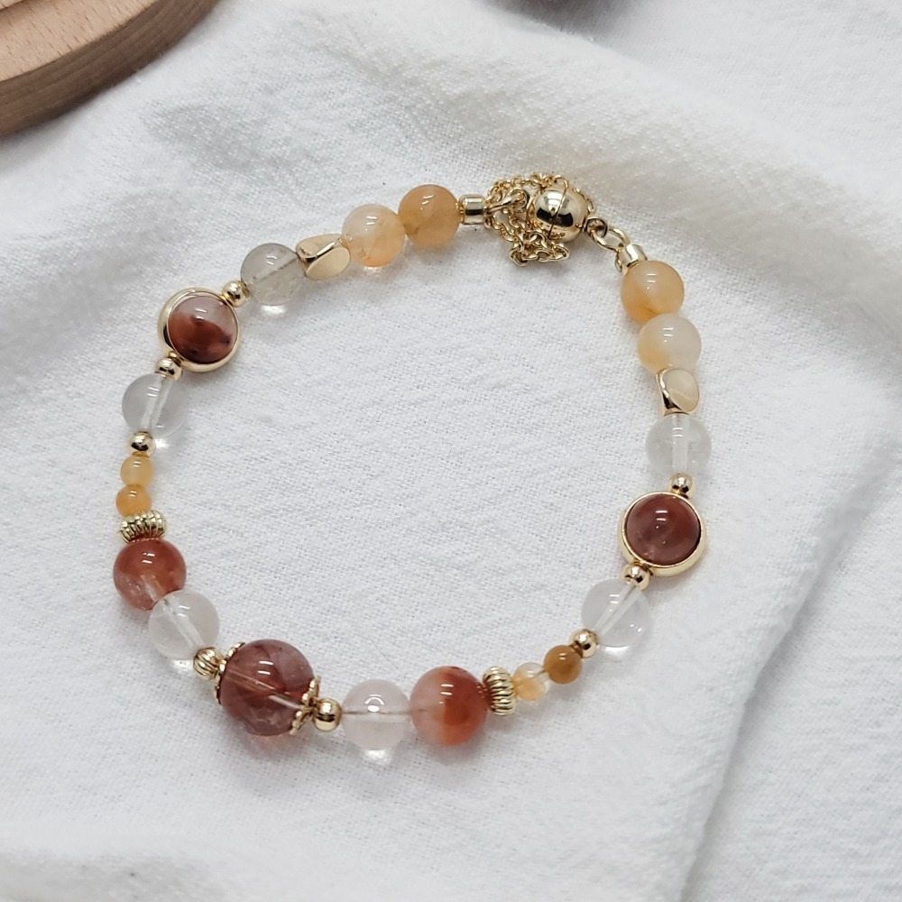 水晶手鍊(磁釦) | 紅膠花 黃兔毛 半盆紅兔毛-細節圖3