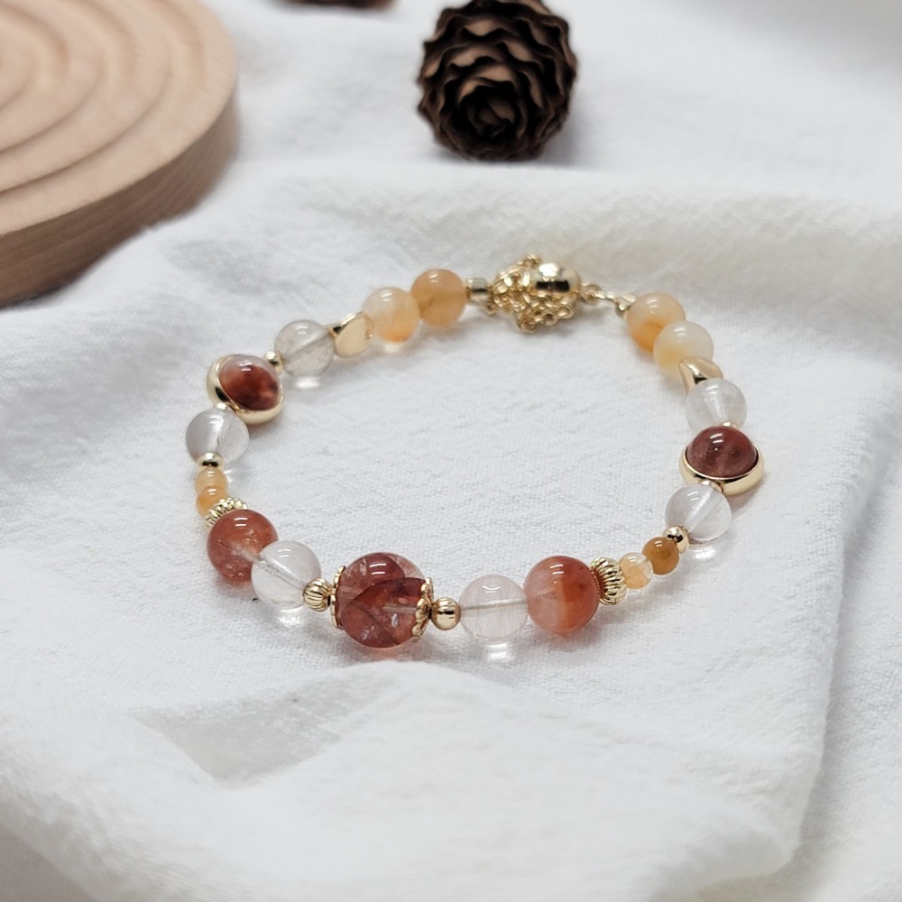 水晶手鍊(磁釦) | 紅膠花 黃兔毛 半盆紅兔毛-細節圖4