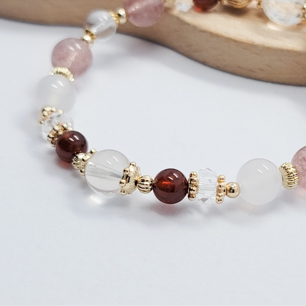 水晶手串｜ 白水晶 草莓晶 透體粉晶 紅石榴 白玉髓-細節圖2