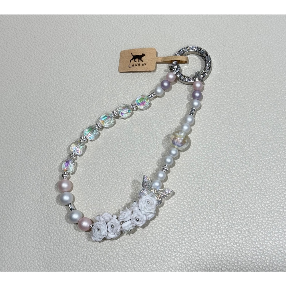 手機掛鏈 包包吊飾 白色系花花貝珠造型-細節圖2