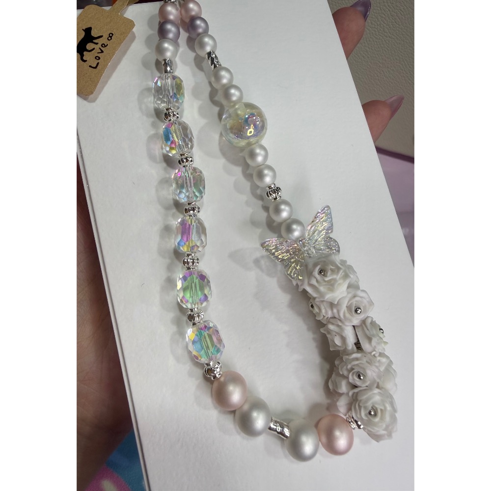 手機掛鏈 包包吊飾 白色系花花貝珠造型-細節圖3